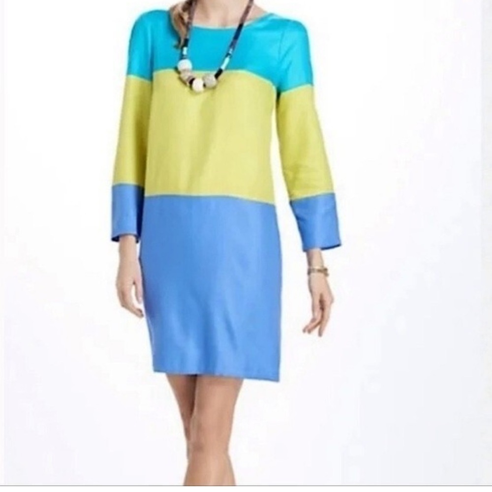 Maeve Colorblock Long Sleeve Dress in Turquoise, Lime, and Sky Blue